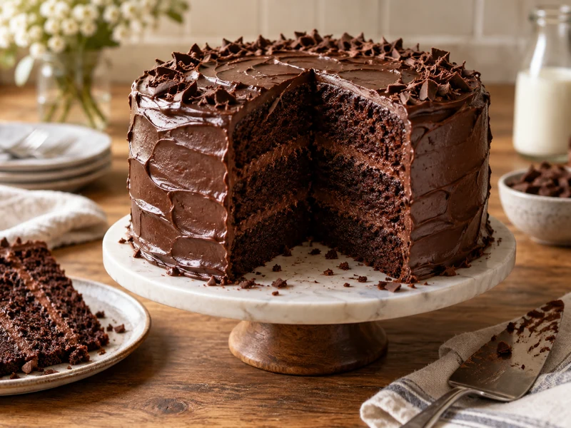 Moist layered chocolate cake with glossy frosting and a slice served