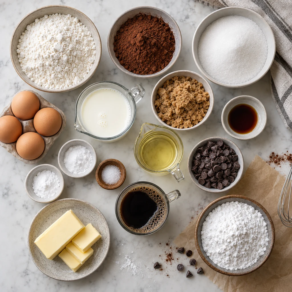 Ingredients for moist chocolate cake and chocolate frosting arranged on a baking counter