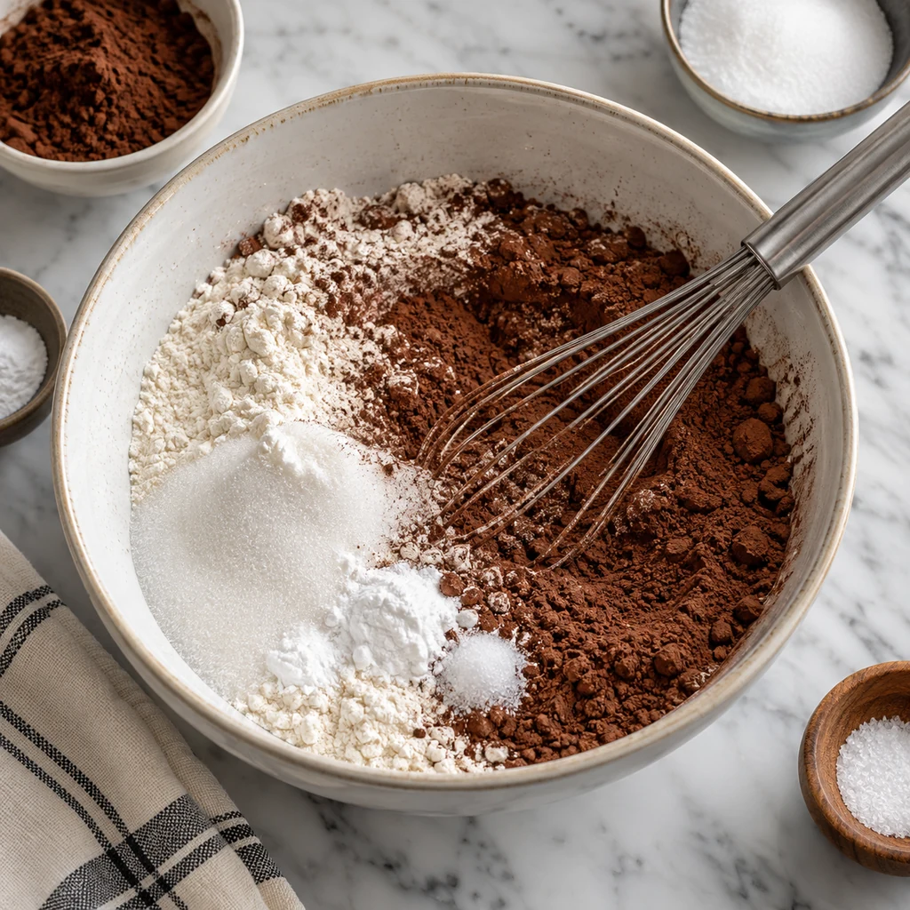 Dry chocolate cake ingredients whisked together in a mixing bowl