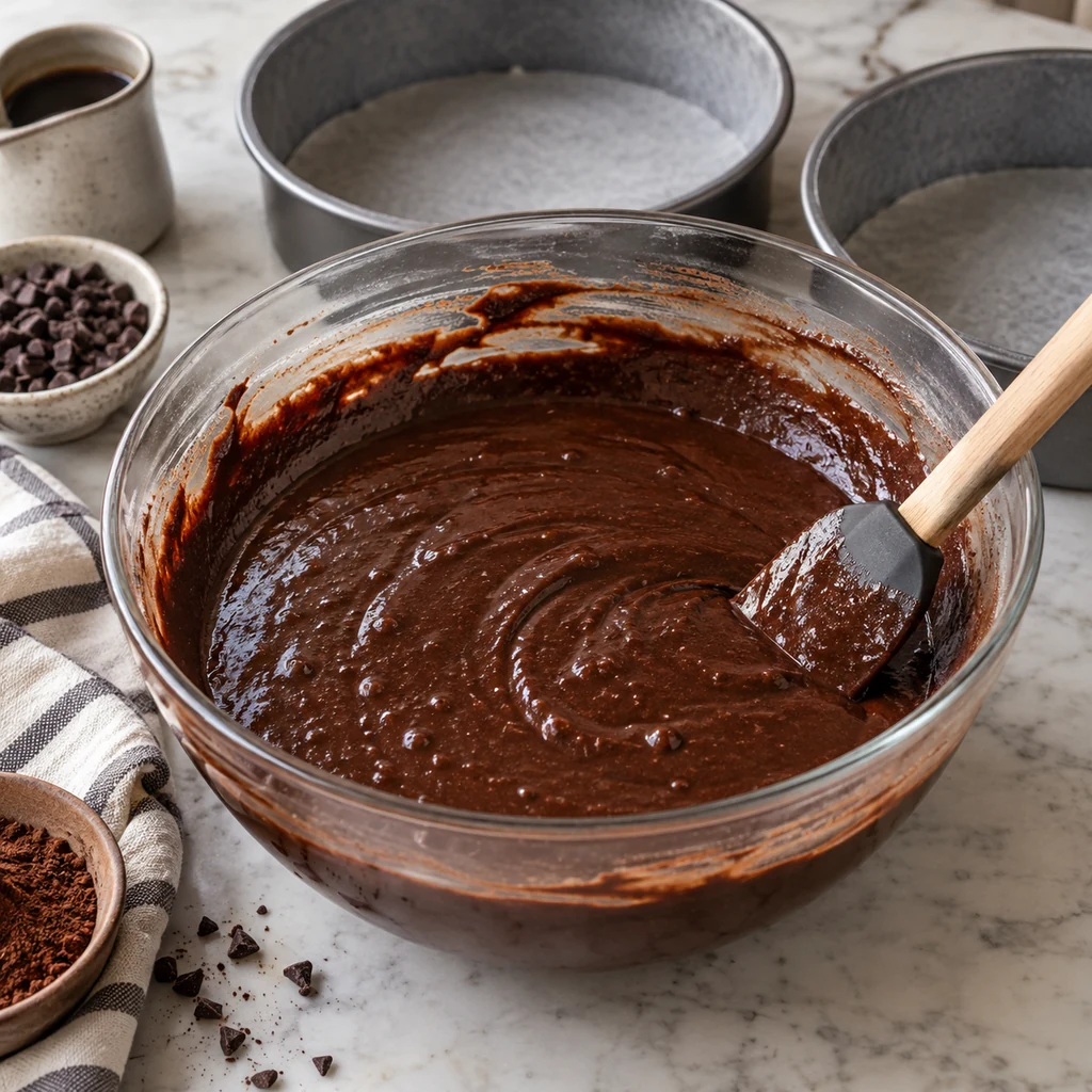 Glossy chocolate cake batter mixed in a bowl with prepared cake pans nearby