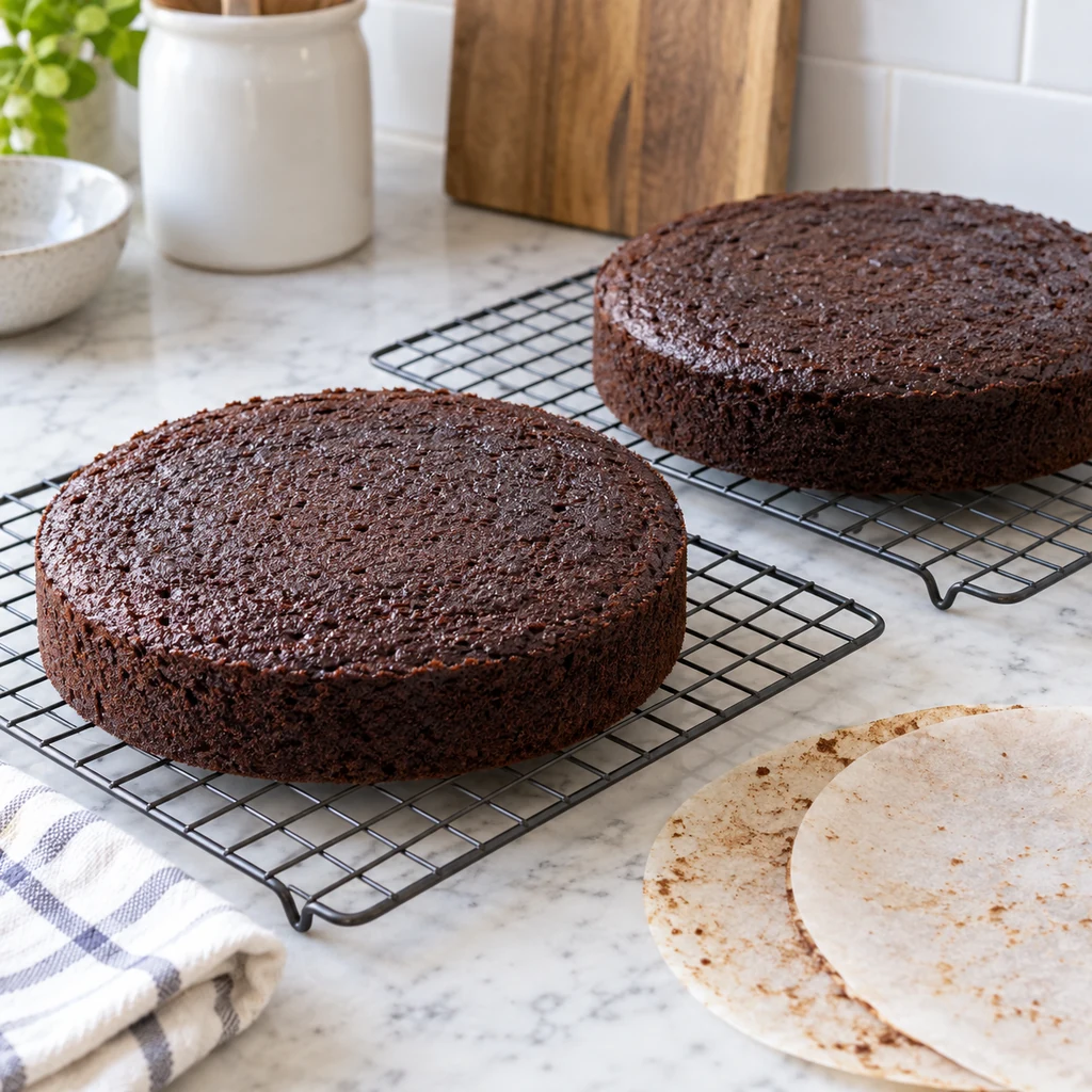 Baked chocolate cake layers cooling on wire racks