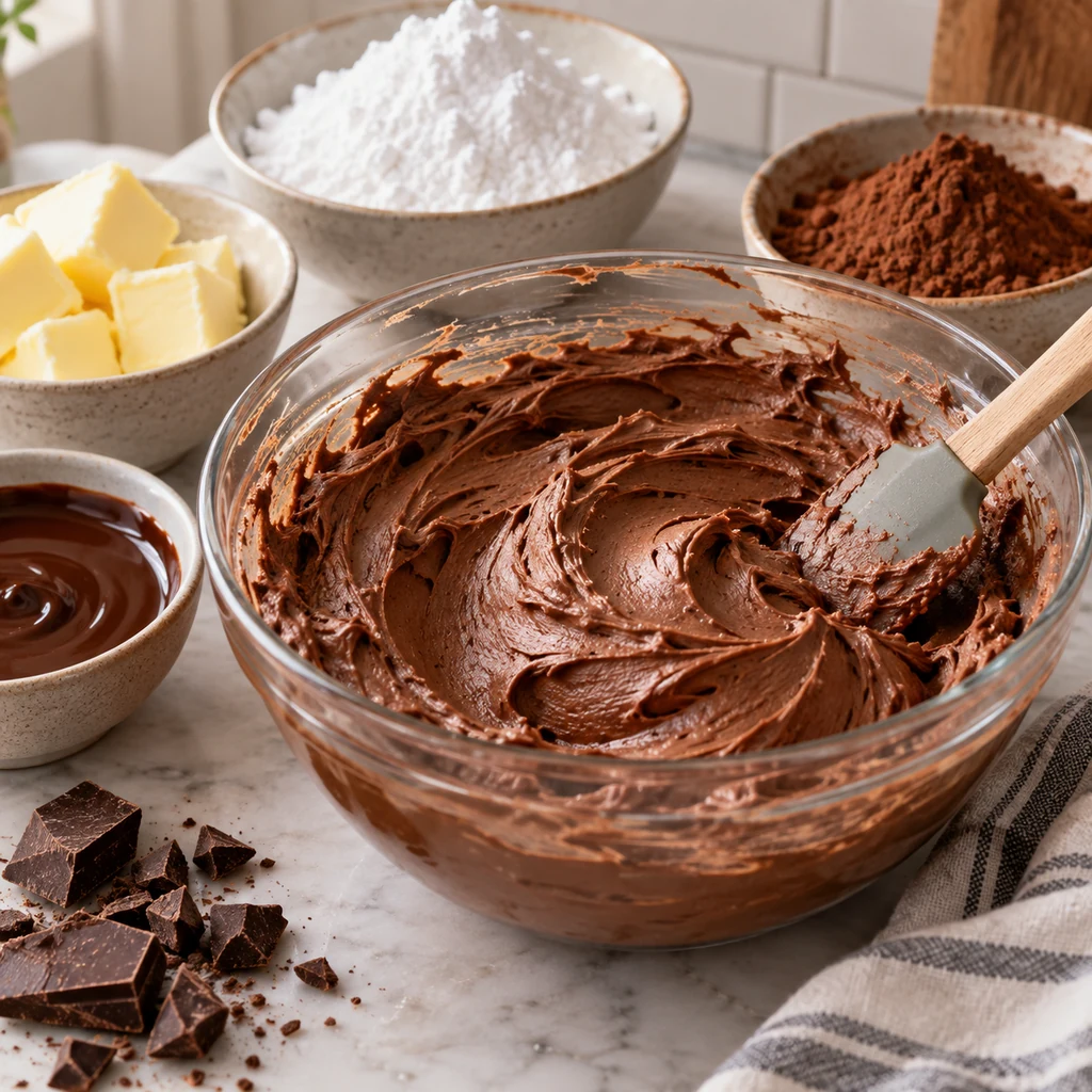 Smooth chocolate buttercream frosting mixed in a bowl