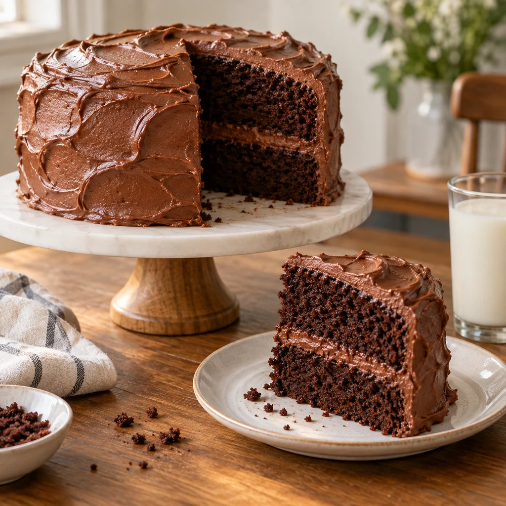 Finished frosted chocolate cake with a slice served on a plate