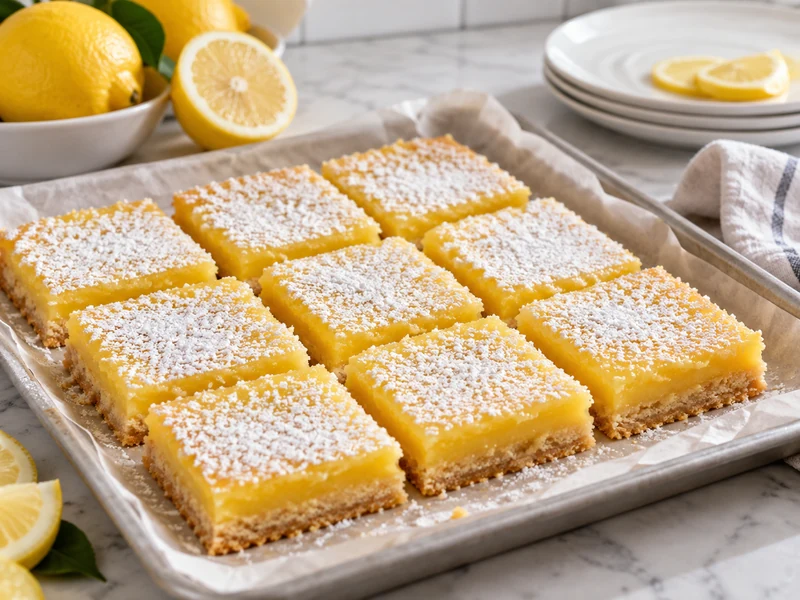 Perfect lemon bars cut into squares with powdered sugar on a parchment-lined tray