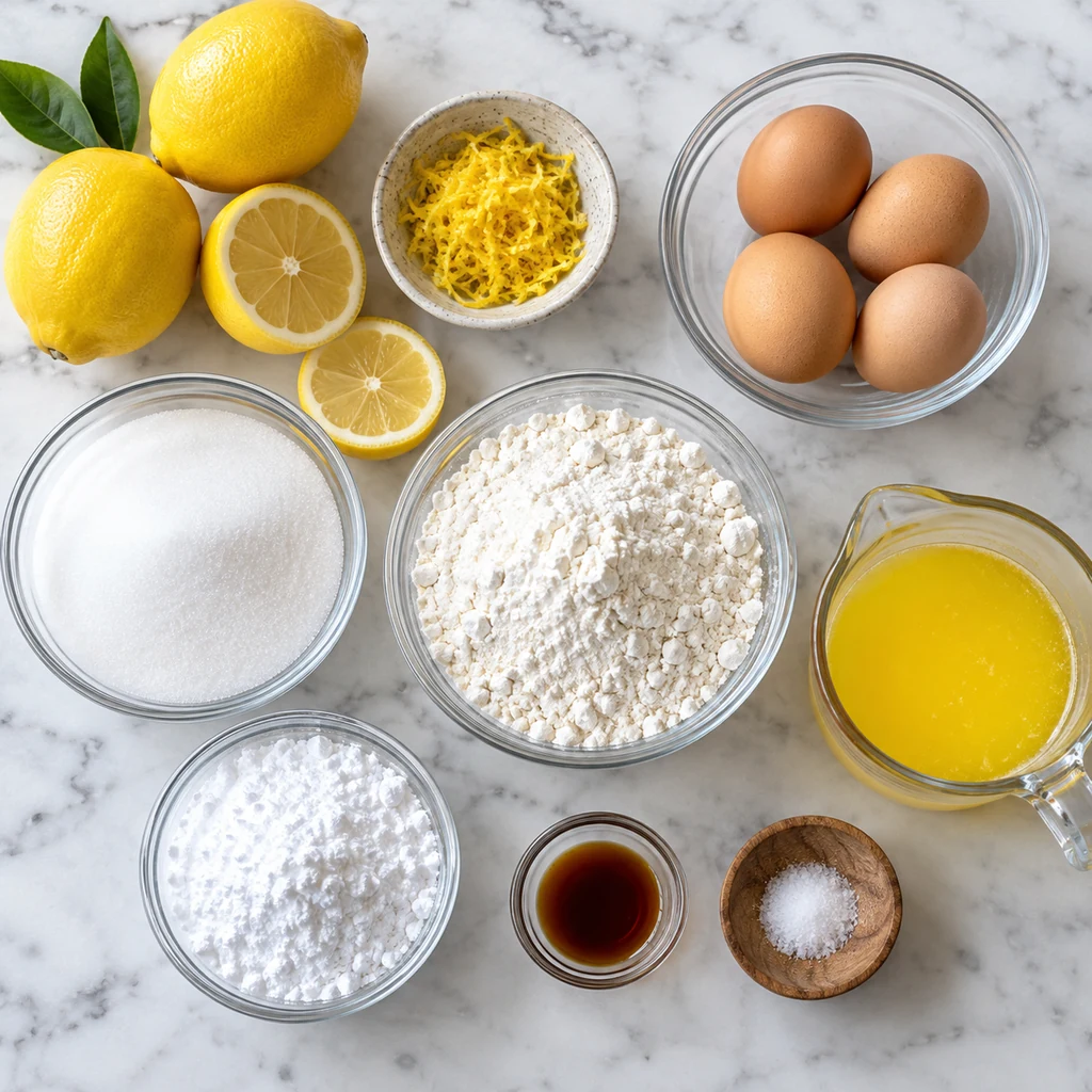 Ingredients for homemade lemon bars arranged on a light kitchen counter