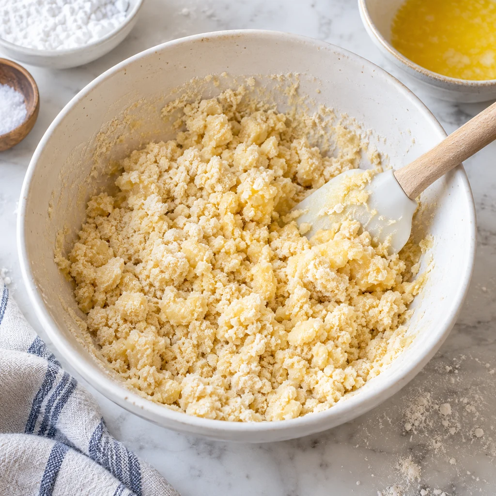 Buttery shortbread crust dough mixed to a crumbly texture in a bowl