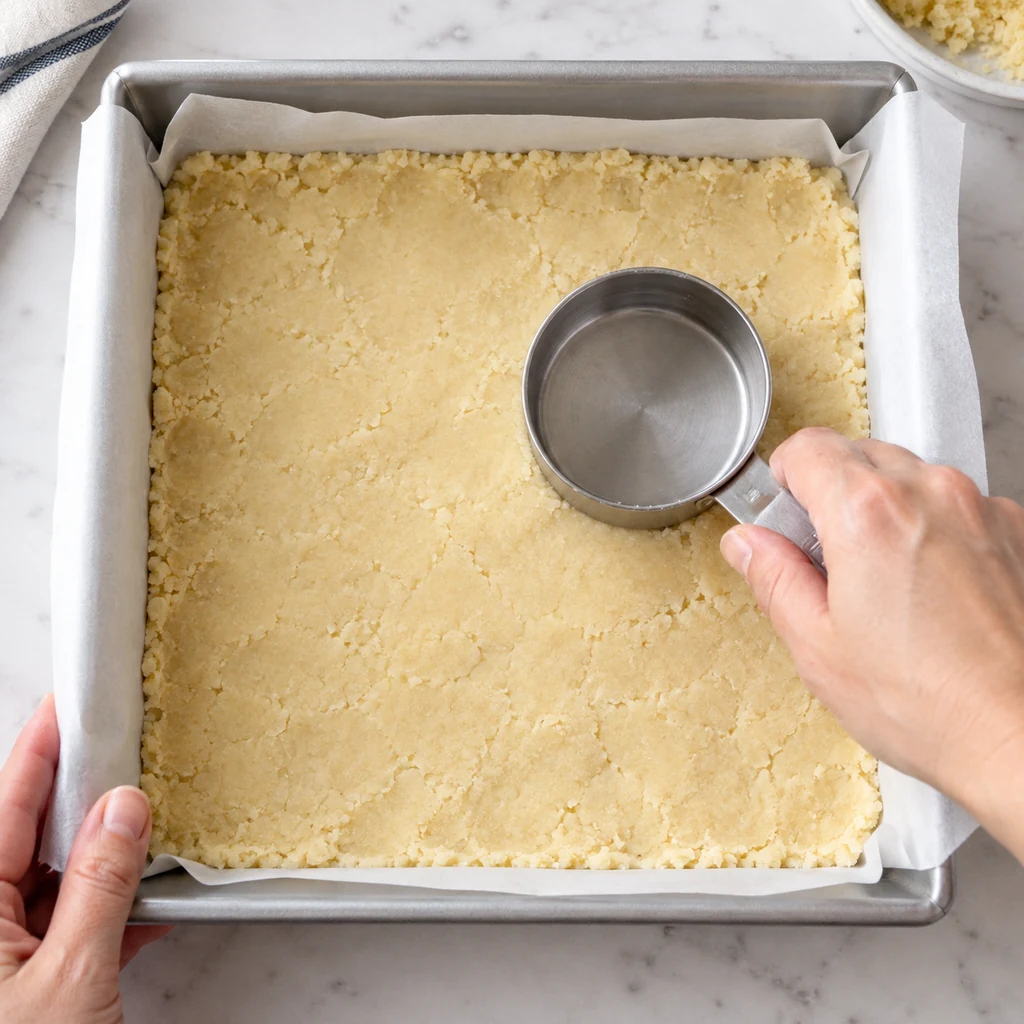 Shortbread crust pressed evenly into a parchment-lined square pan