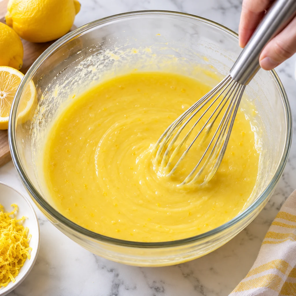 Smooth lemon filling being whisked in a glass bowl