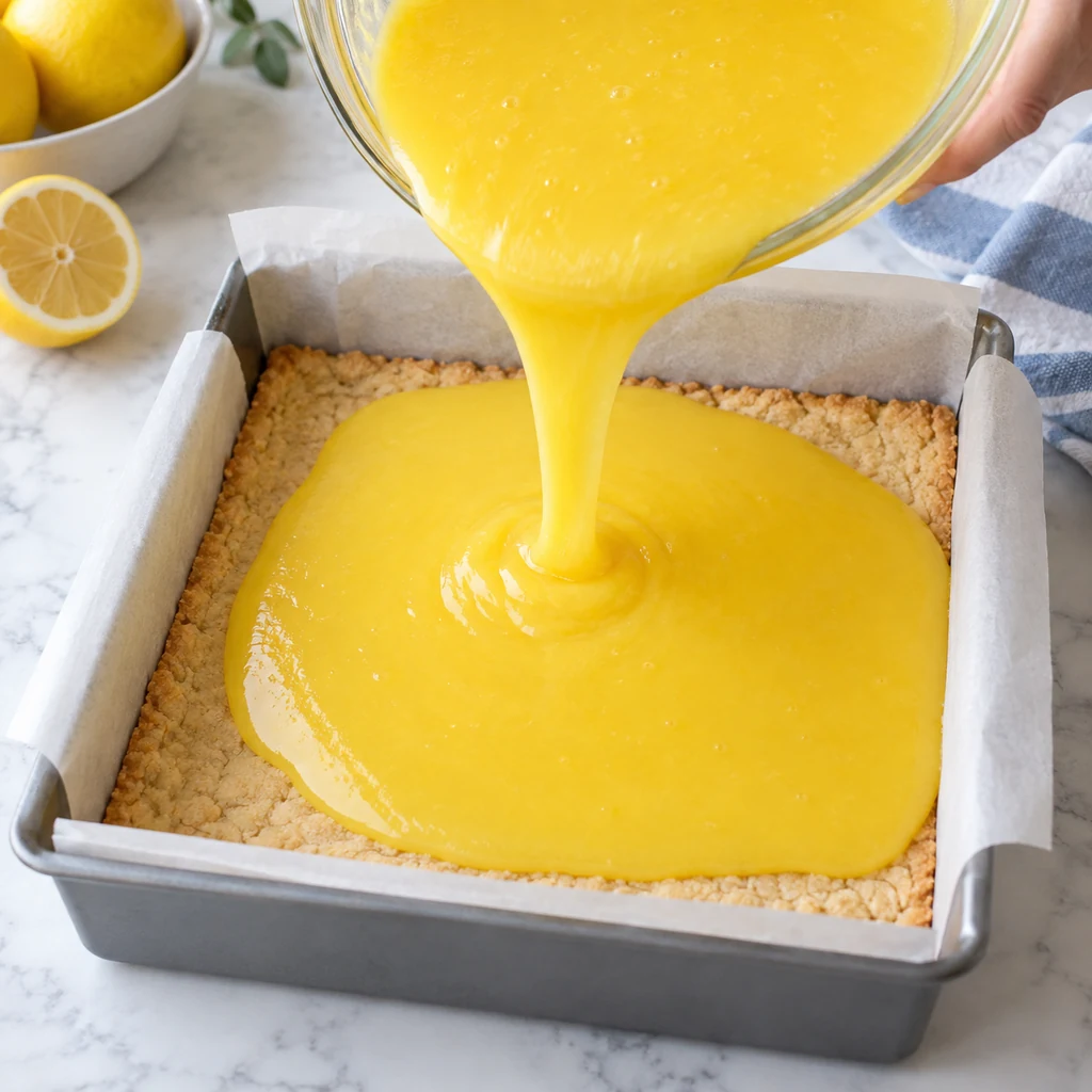 Bright lemon filling poured over a baked shortbread crust