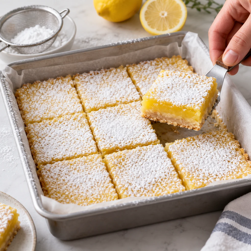 Chilled lemon bars cut into clean squares and dusted with powdered sugar