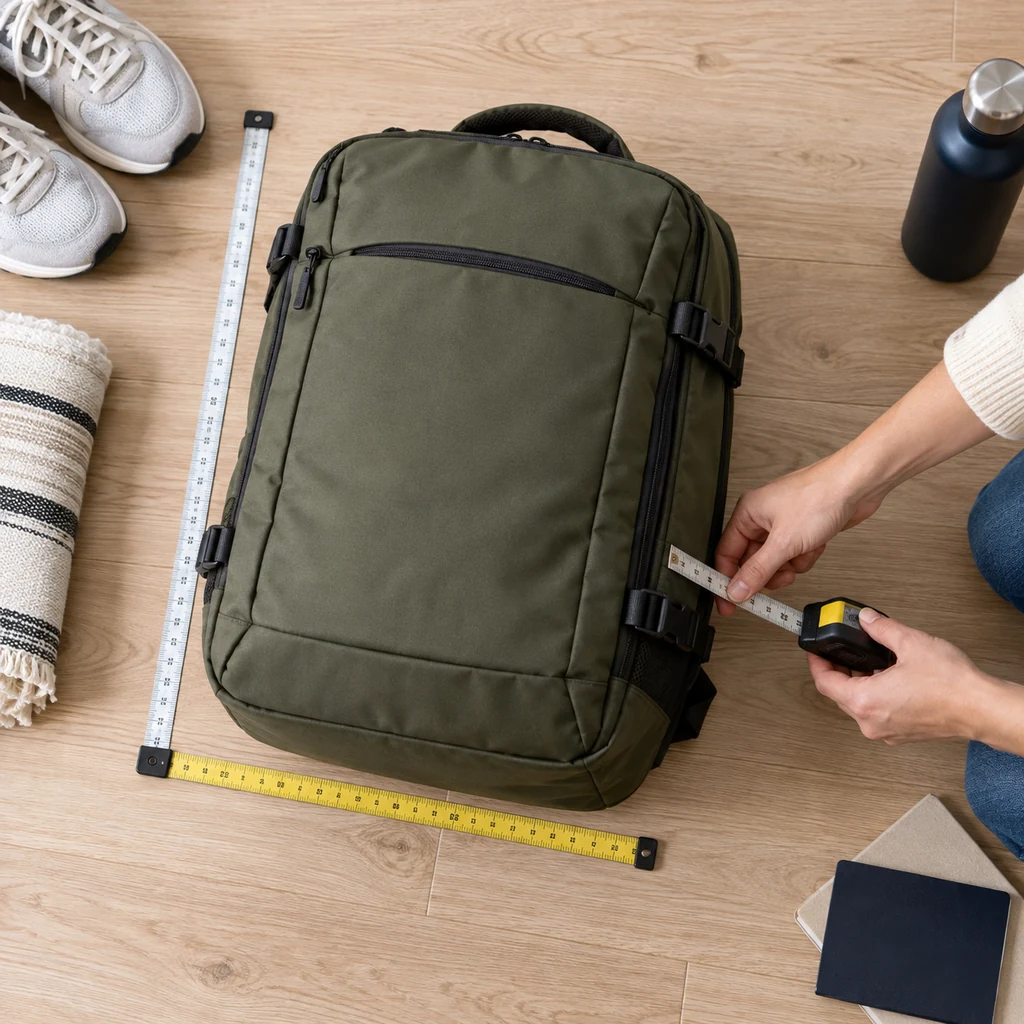 Packed olive travel backpack being measured across height width and depth