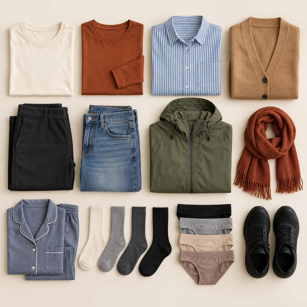 Three tops two bottoms two layers sleepwear socks underwear scarf and walking shoes in a fall travel capsule