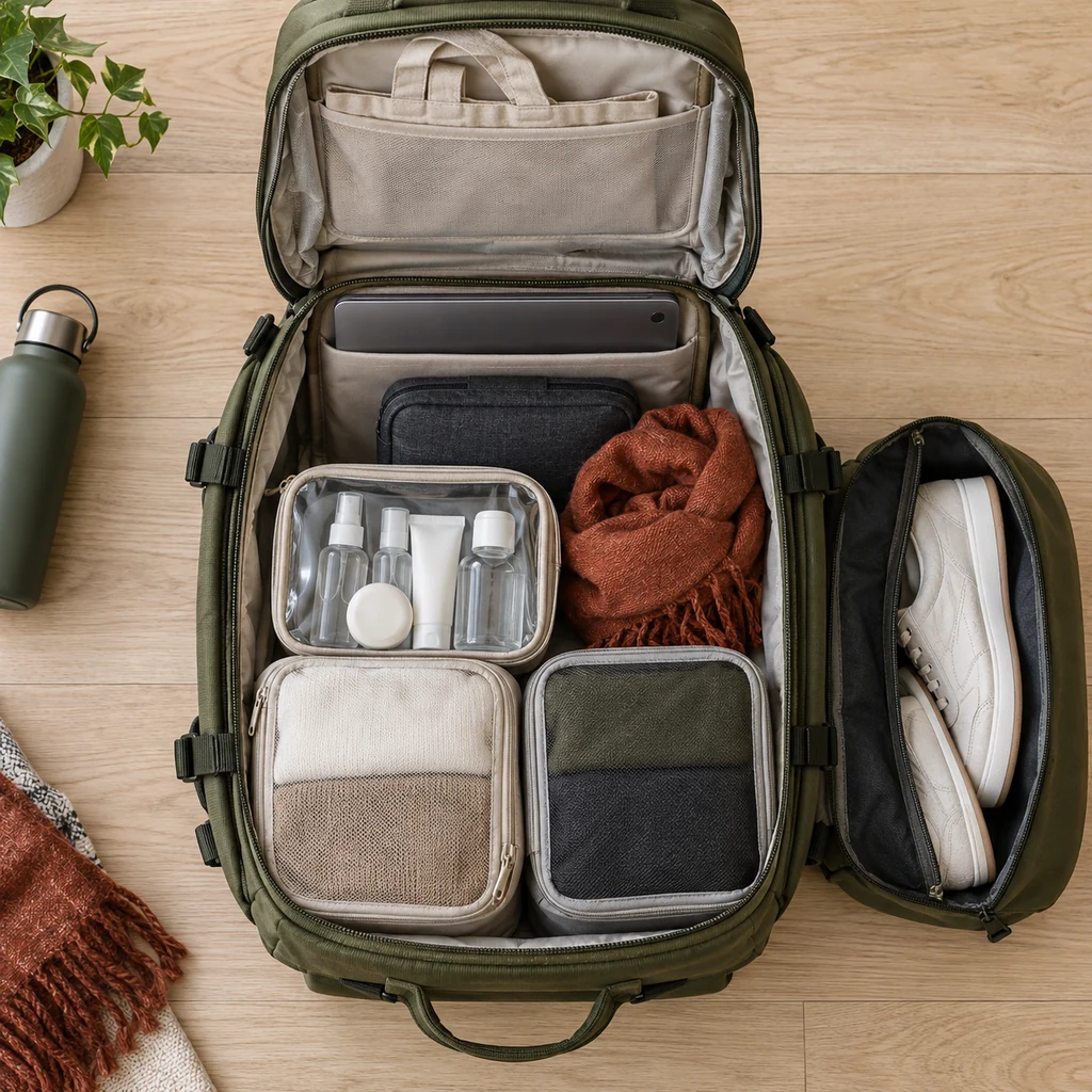 Open personal-item backpack arranged with clothing cubes tech toiletries scarf tote and a separate shoe compartment