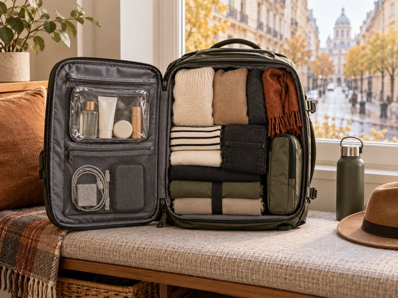 Open olive personal-item backpack packed with neutral fall clothing and small travel pouches