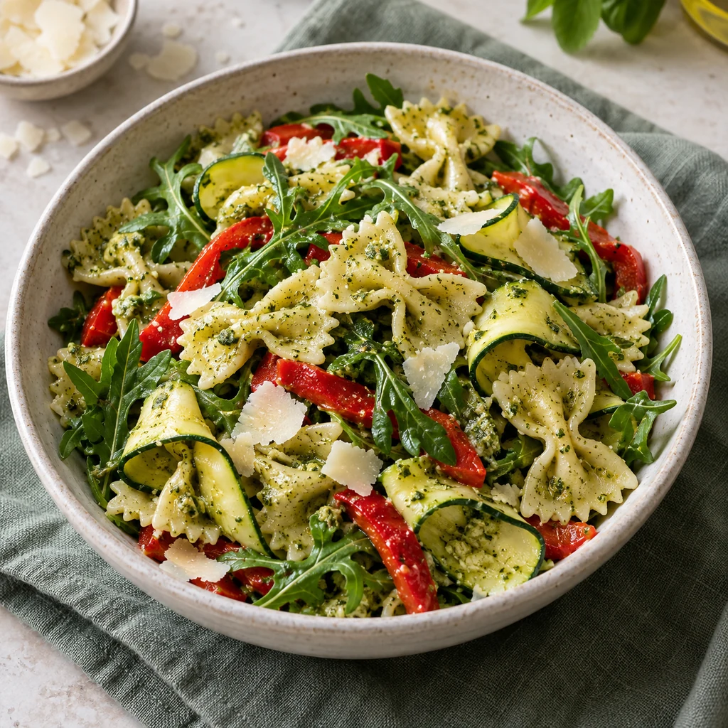 Pesto farfalle pasta salad with zucchini ribbons, roasted peppers, arugula, and Parmesan.