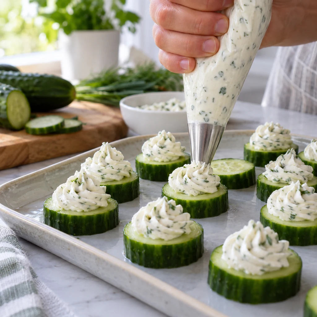 Herbed cream cheese being piped onto dry thick cucumber slices