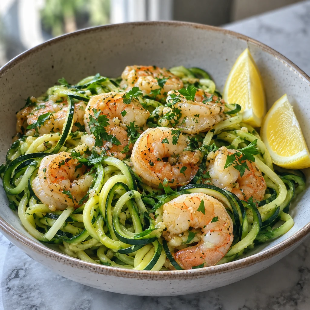 Finished zucchini noodles with garlic shrimp, parsley, and lemon wedges in a bowl