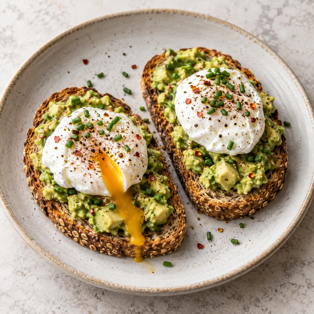 Avocado toast topped with a poached egg, chives, and red pepper flakes