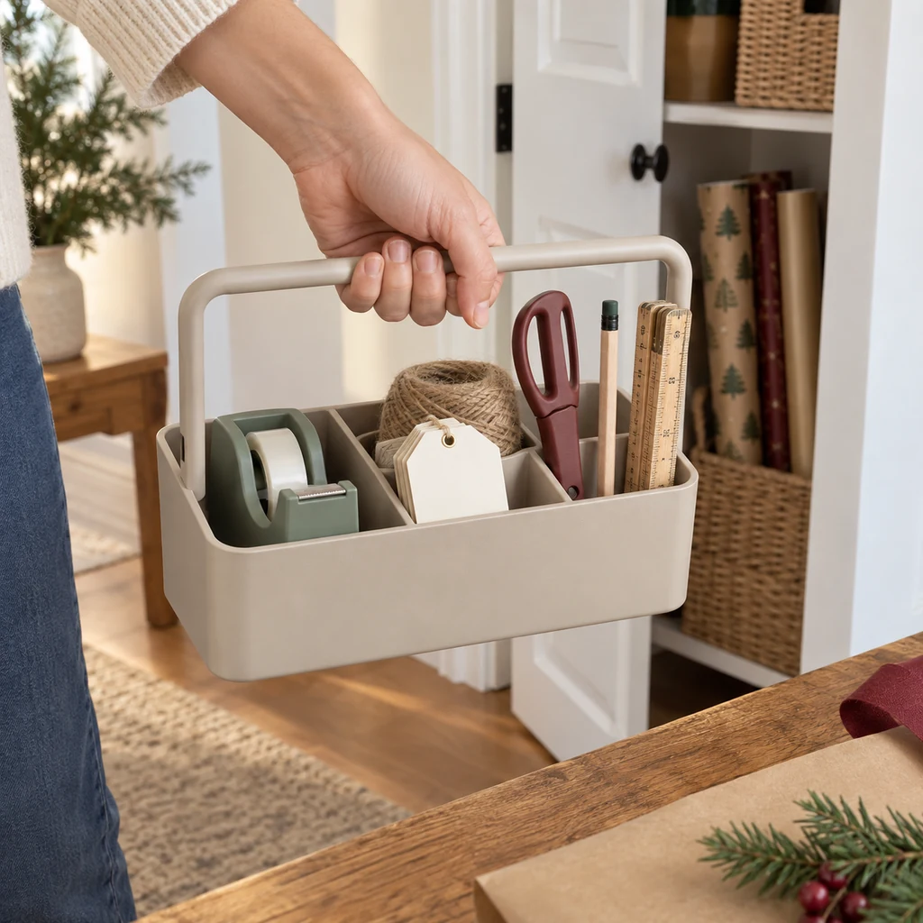 Portable gift wrapping caddy with tape tags twine and closed scissors