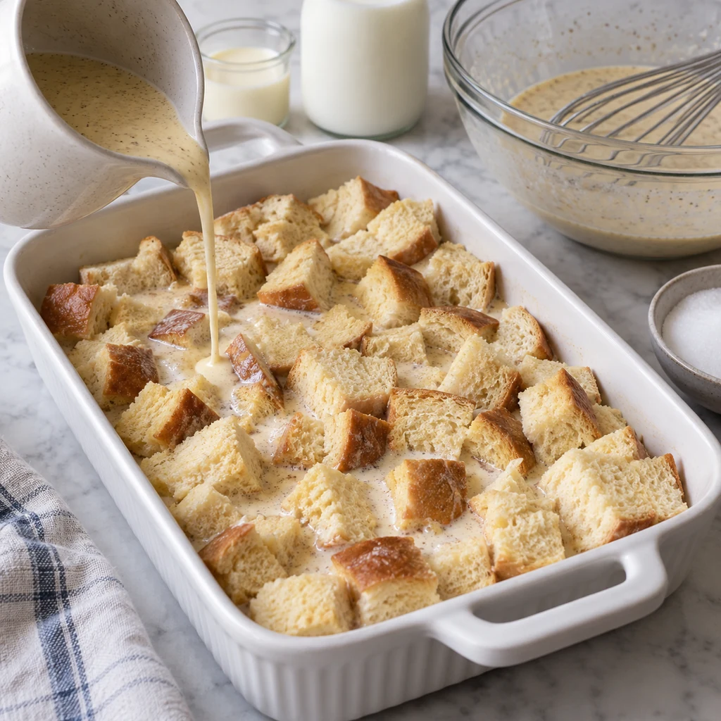 Cinnamon egg custard poured evenly over pale brioche cubes before chilling