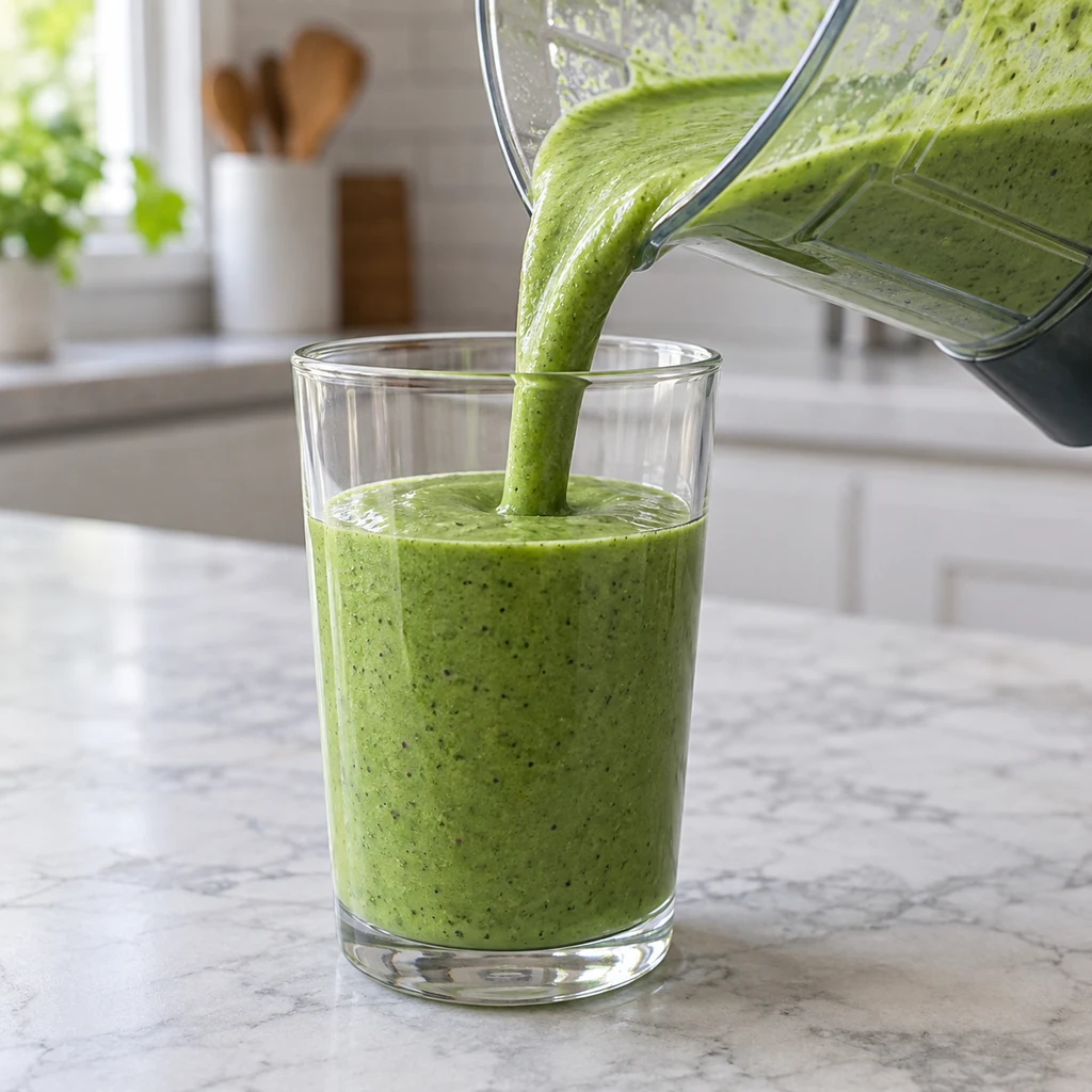 Smooth bright green spinach smoothie being poured from a blender into a clear glass