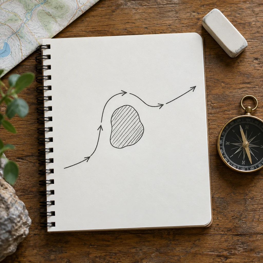 Paper planner with a gently redirected route drawn using simple arrows beside an eraser and compass, without readable words