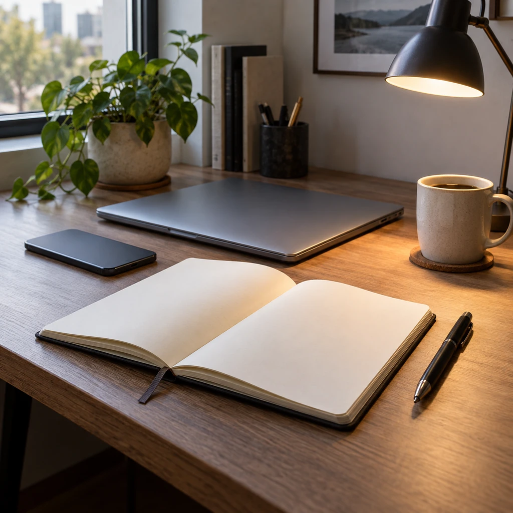 Face-down smartphone beside a closed laptop, single open blank notebook, pen, and focused desk lamp