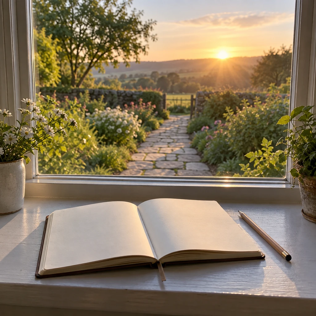Open blank notebook beside a pencil and small sunrise-lit window with a clear empty path outside