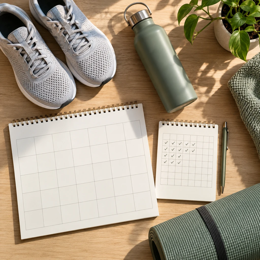 Neatly arranged calendar pages, simple habit tracker with blank marks, running shoes, and water bottle in morning light