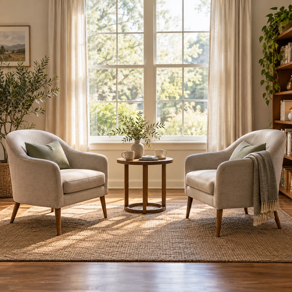 Two empty chairs facing each other beside a small table in a calm bright room prepared for conversation