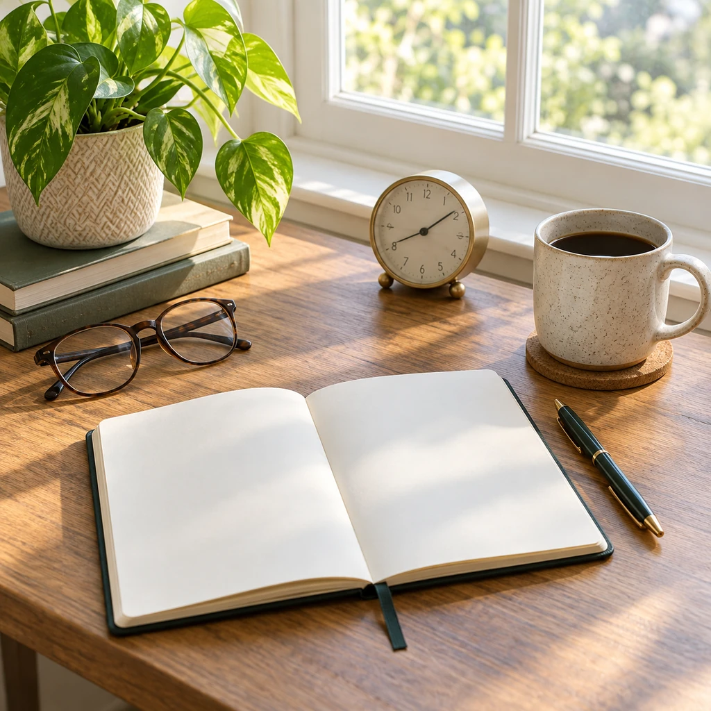 Blank journal, pen, ceramic mug, small clock, reading glasses, and green plant arranged beside a bright window