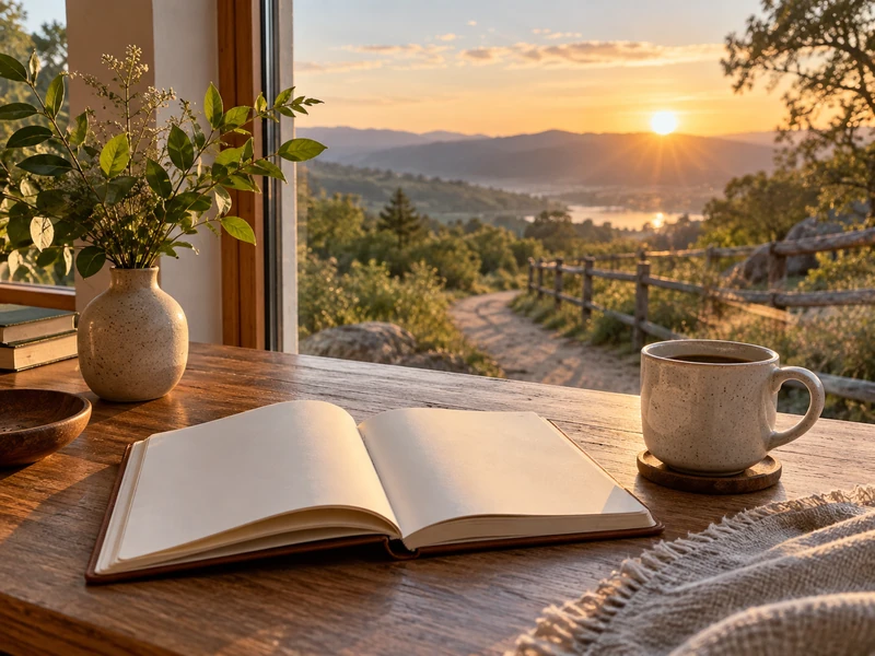 Open blank journal, ceramic coffee cup, green leaves, sunrise, and clear path creating a grounded morning scene