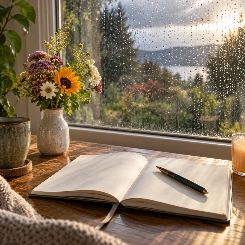 Small vase of fresh flowers, morning sunlight, rain-speckled window, and open blank gratitude journal