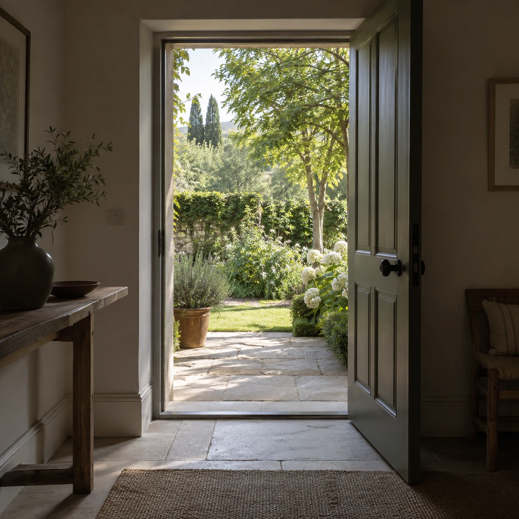 Quiet sunlit doorway opening from a dim room into a bright calm garden