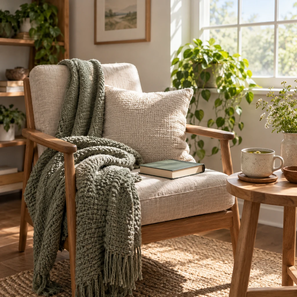 Calm reading chair with folded blanket, soft morning light, book, and cup of herbal tea in a peaceful corner
