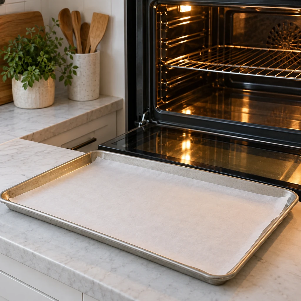 Open preheated oven beside a parchment-lined rimmed baking sheet