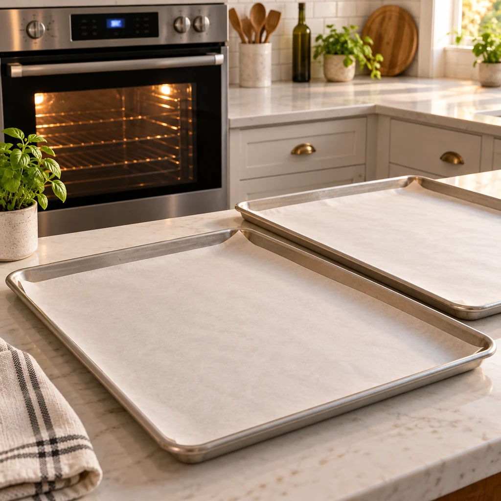 Oven preheating beside two parchment-lined rimmed baking sheets
