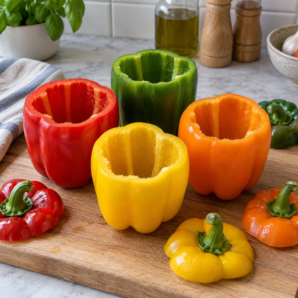 Four hollowed bell peppers with tops and seeds removed