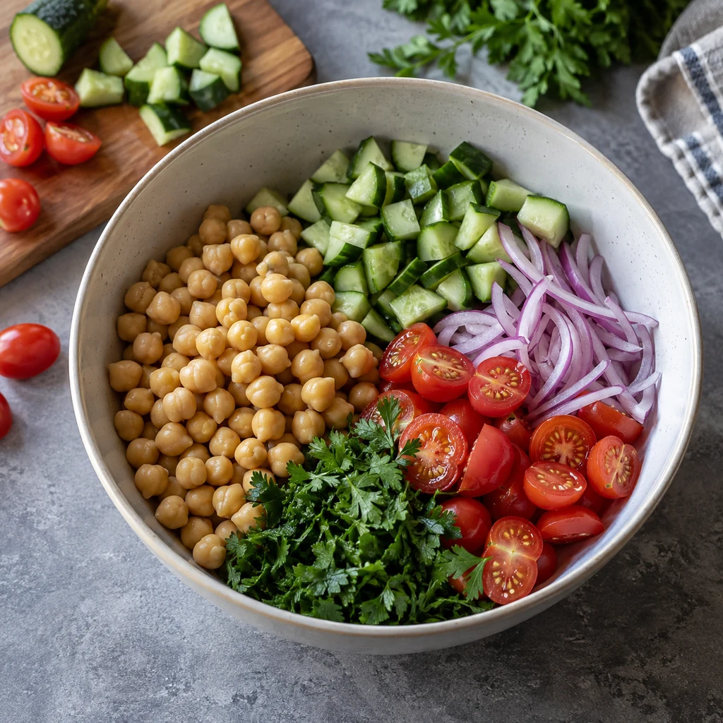 Drained chickpeas, diced cucumber, thin red onion, cherry tomatoes, and parsley arranged separately in a mixing bowl