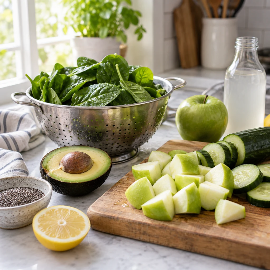 Washed spinach with chopped green apple and cucumber ready for the blender