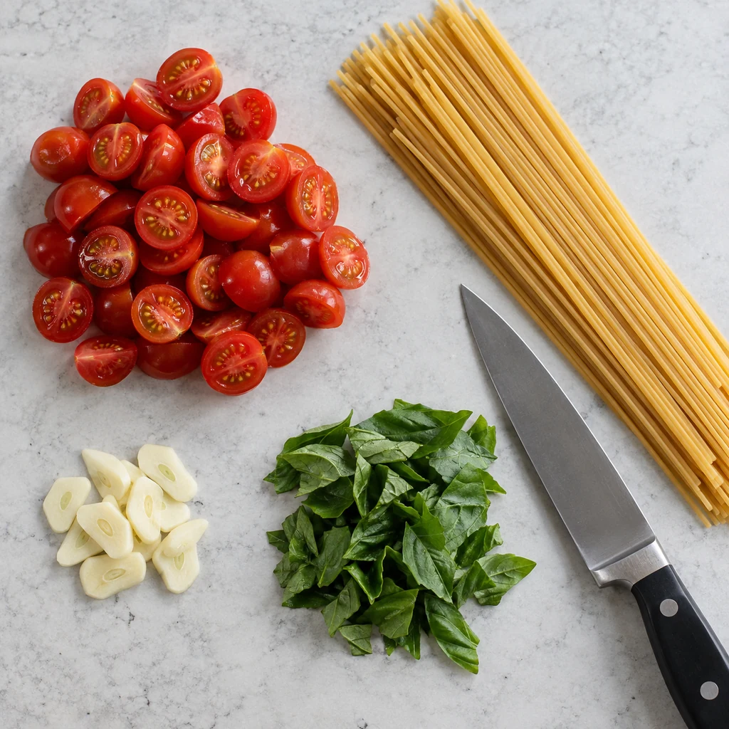 Halved cherry tomatoes, sliced garlic, torn basil, and dry spaghetti ready to cook