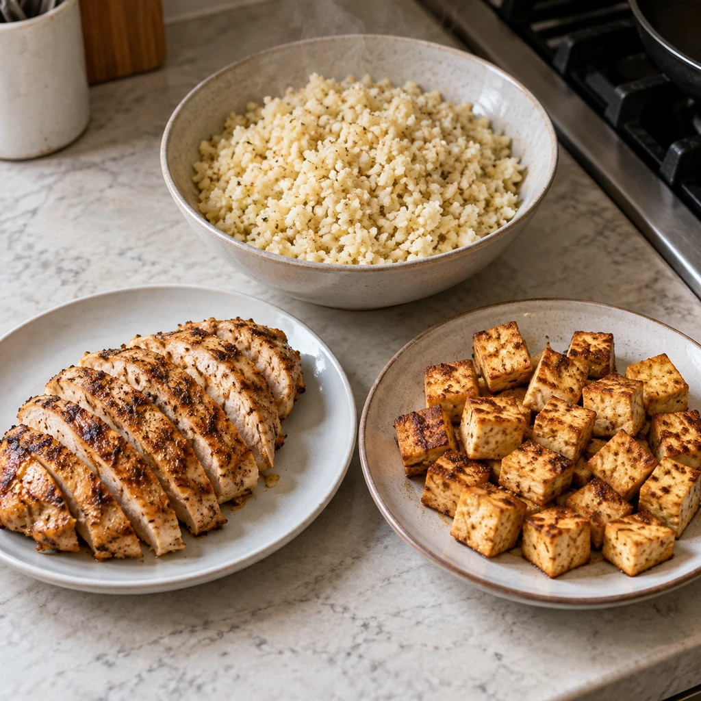 Cooked cauliflower rice, sliced grilled chicken, and golden pan-seared tofu kept on separate plates