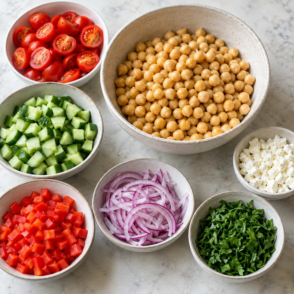 Drained chickpeas and separately prepared tomatoes, cucumber, bell pepper, red onion, parsley, and feta