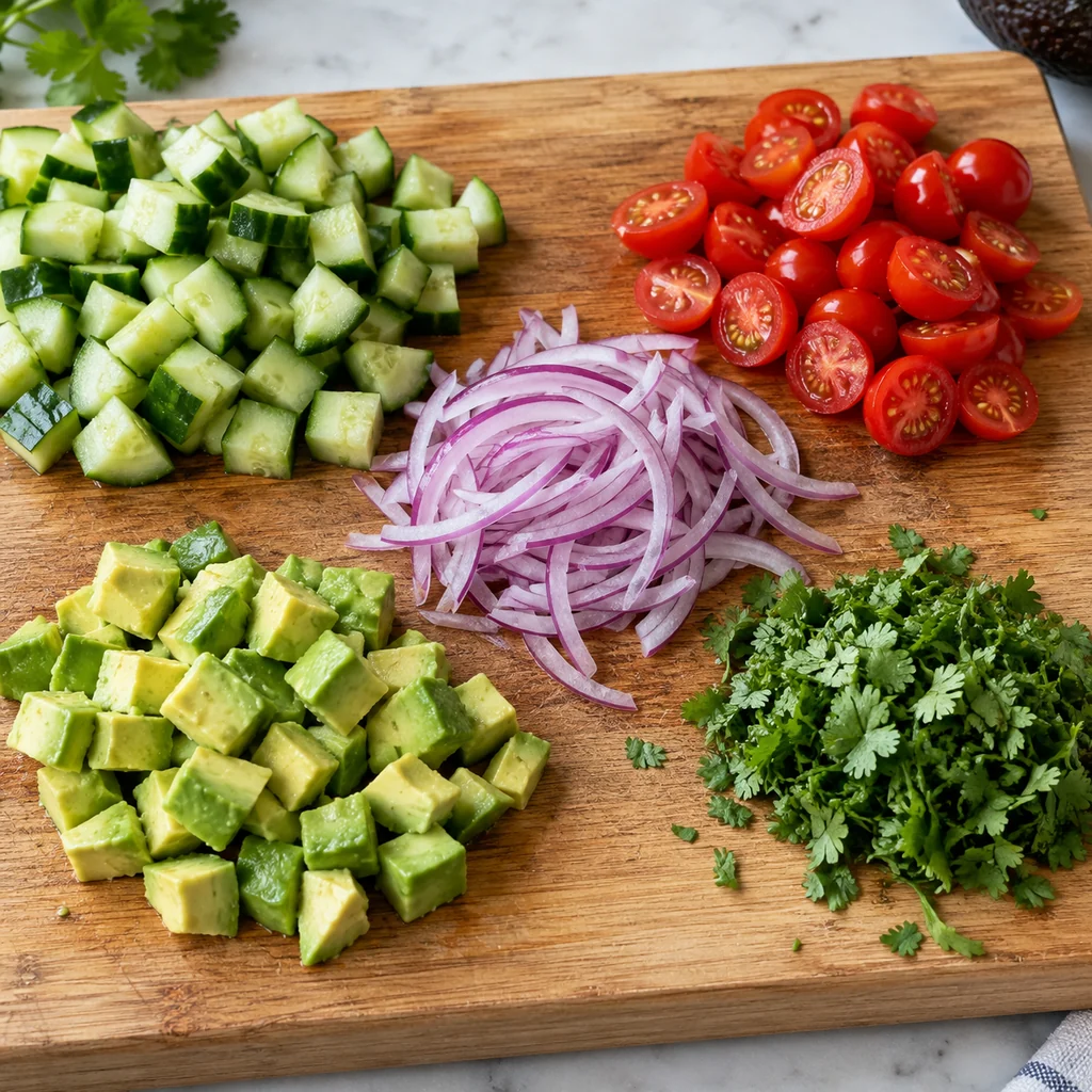 Diced avocado and cucumber, halved tomatoes, sliced red onion and chopped cilantro on a board