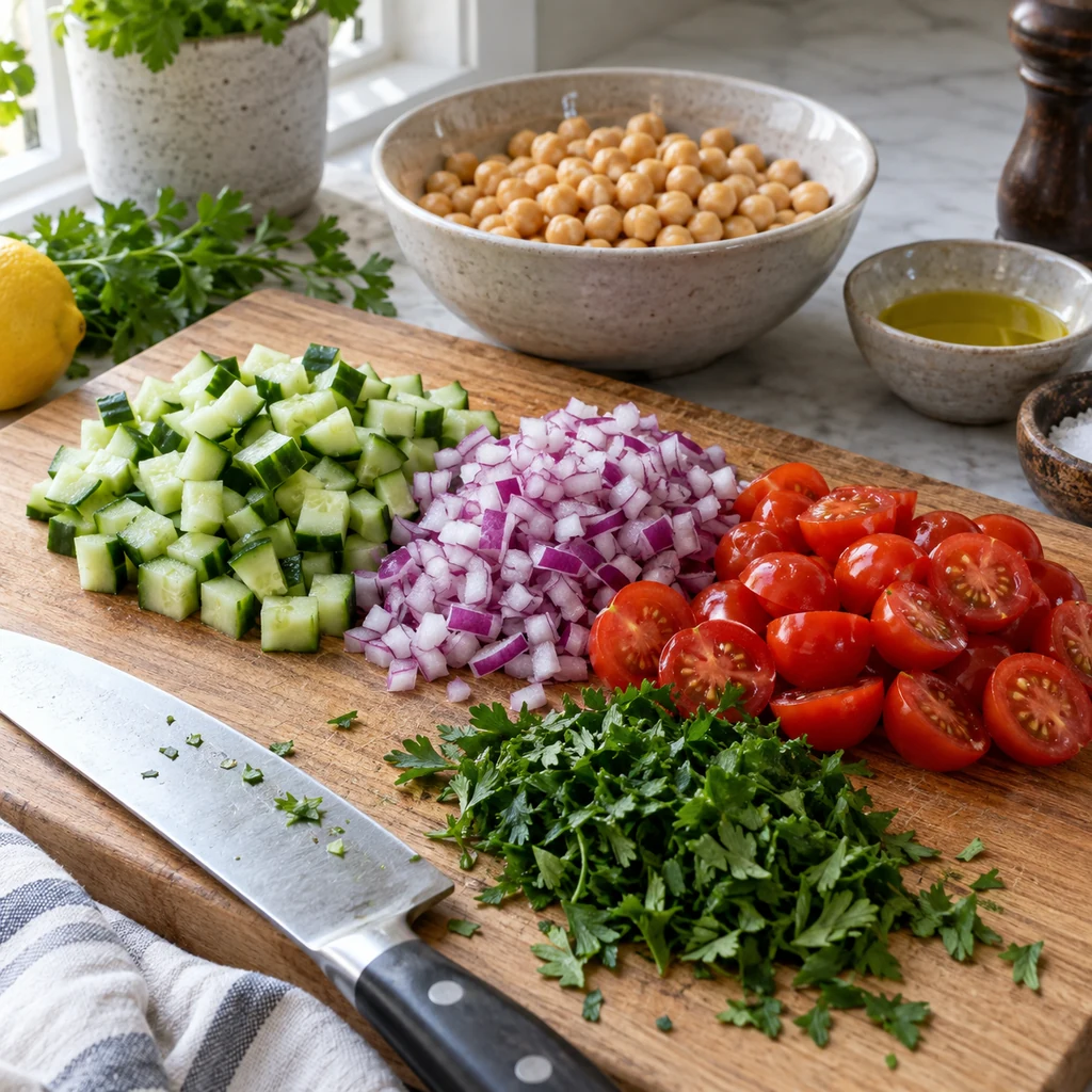 Diced cucumber, finely chopped red onion, and halved cherry tomatoes prepared separately on a board