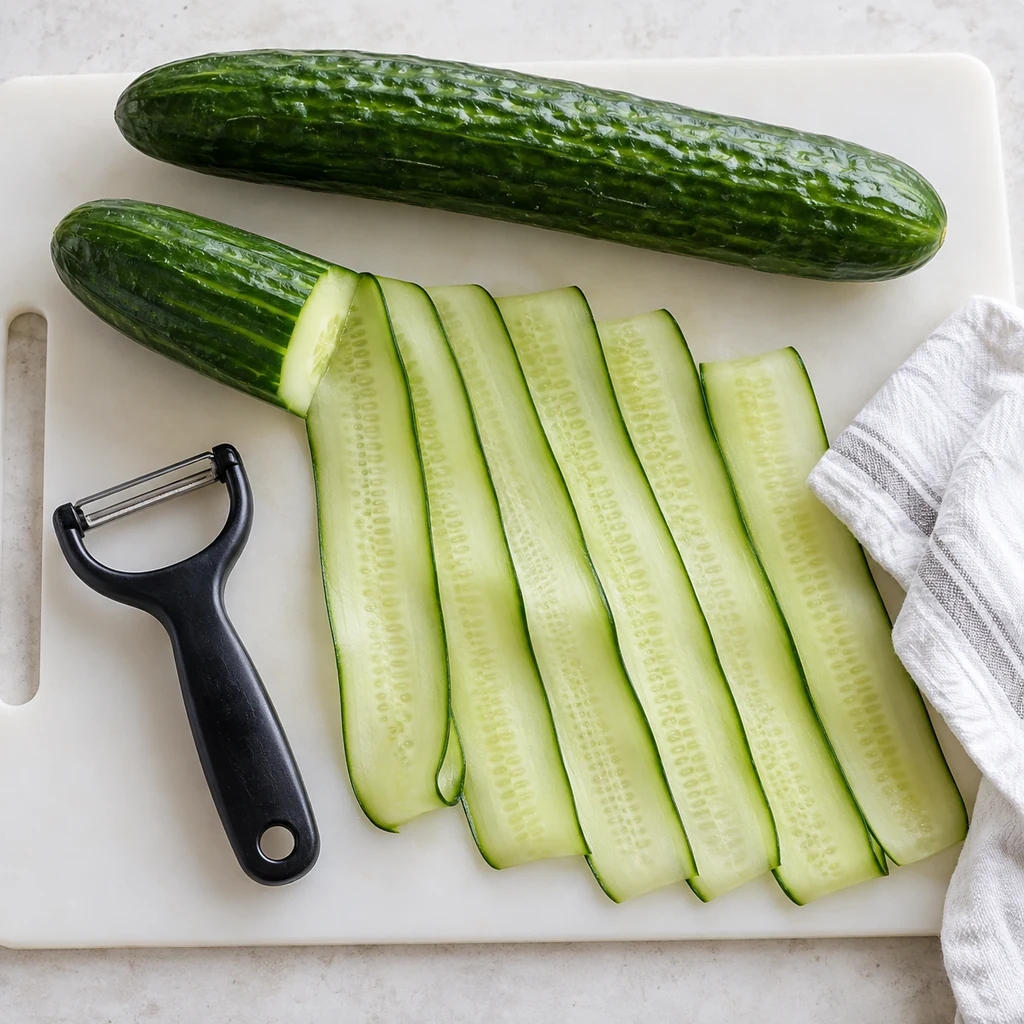 English cucumbers sliced lengthwise into broad thin ribbons with a vegetable peeler