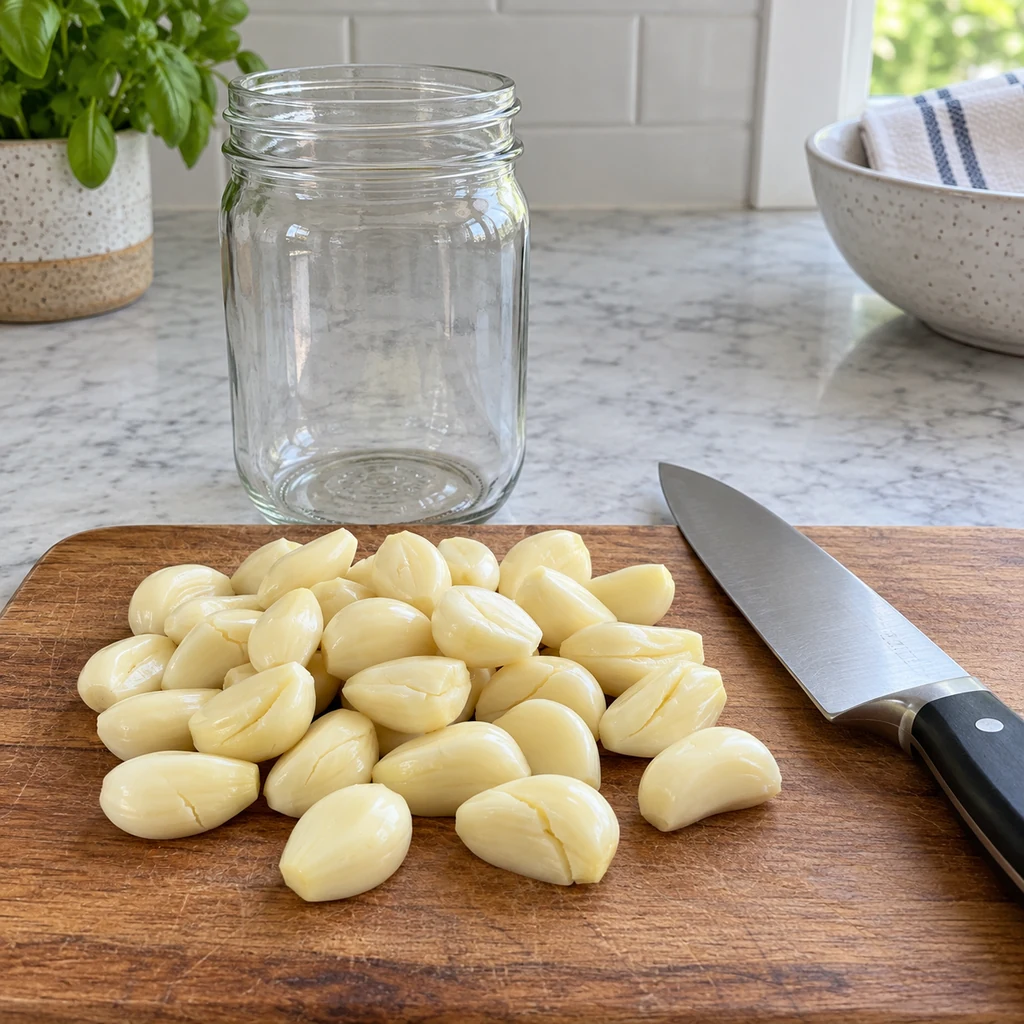 Clean one-pint glass jar beside peeled dry garlic cloves on a clean kitchen surface