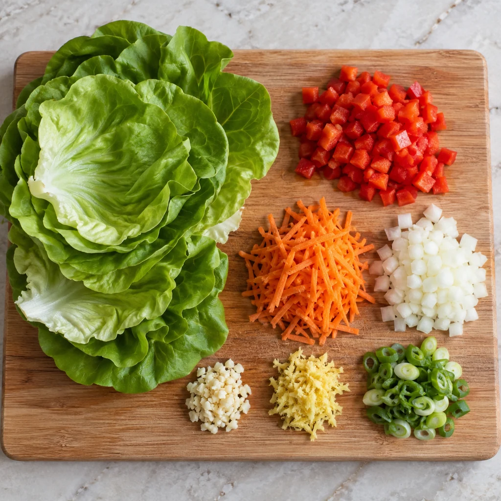 Dry butter lettuce leaves with diced pepper, carrot, onion, garlic, ginger, and green onion