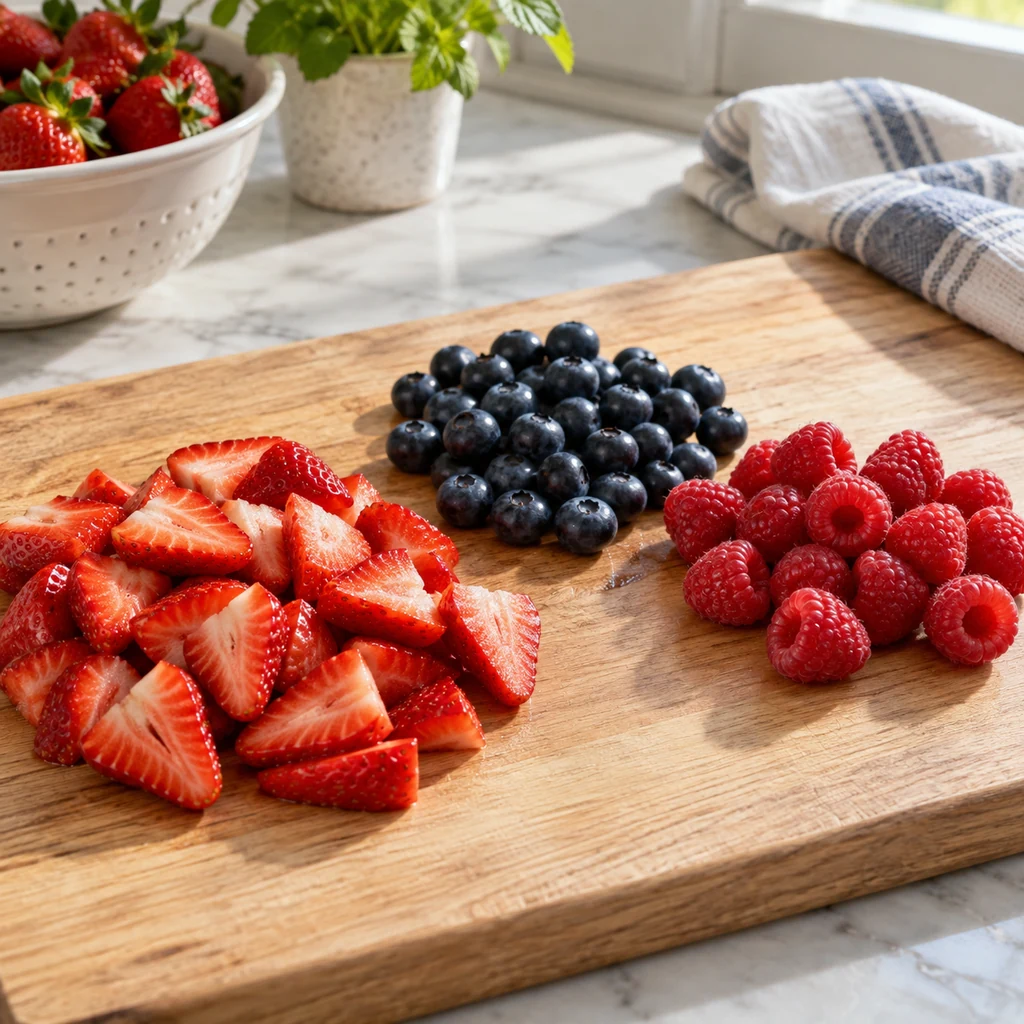 Sliced strawberries with dry whole blueberries and raspberries on a board