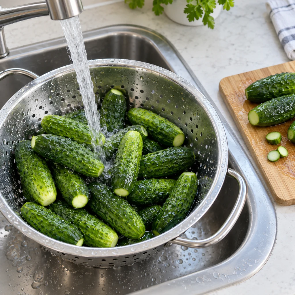 Small pickling cucumbers being rinsed and trimmed on a clean cutting board